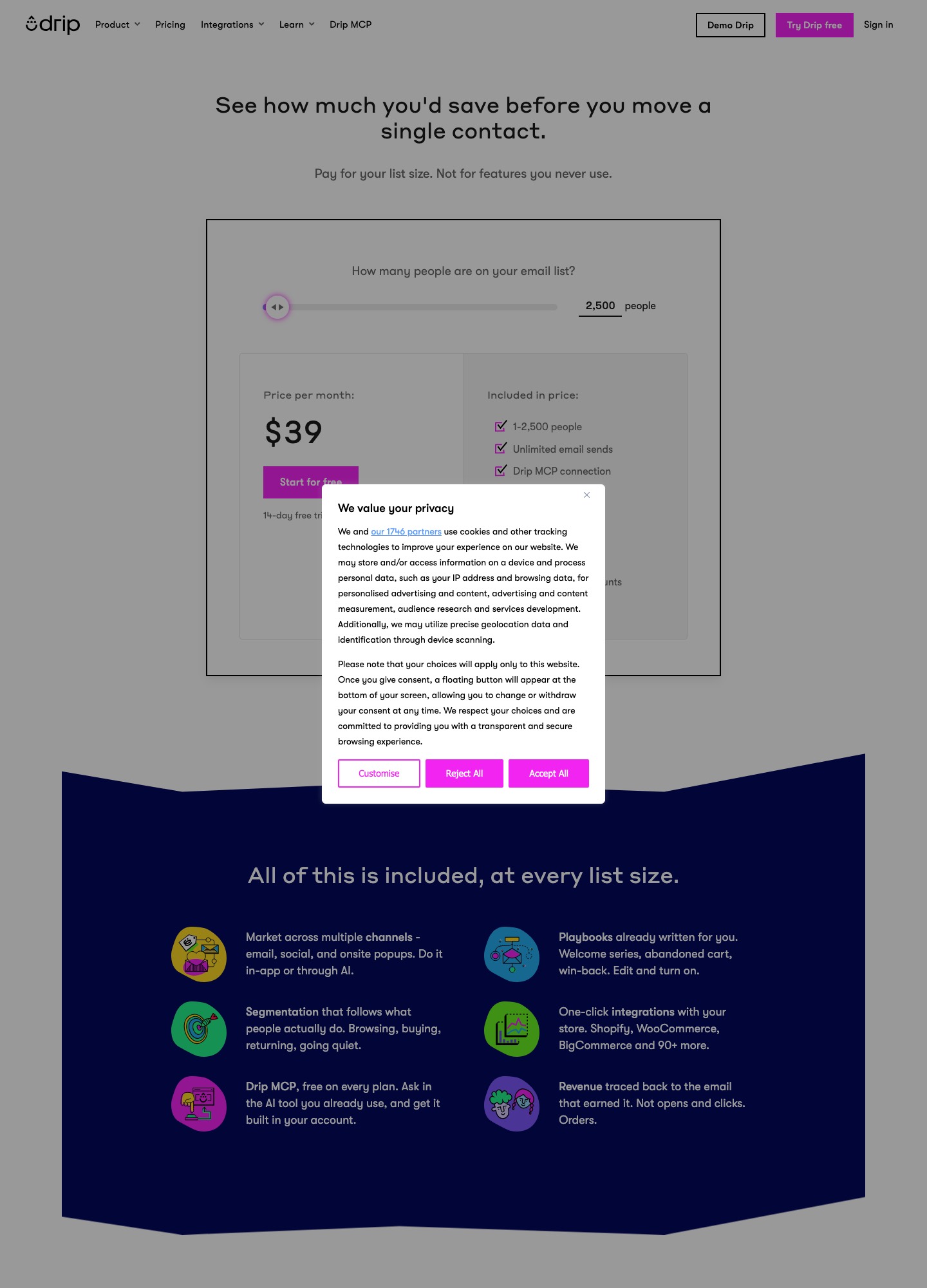 Drip pricing page, captured Oct 2026